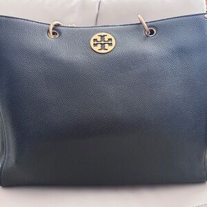 Tory Burch Black Leather Tote with Gold Accents